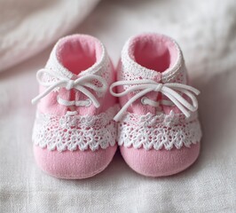 Adorable pink baby girl shoes are set against a white satin background, epitomizing cute and soft footwear for a baby shower concept