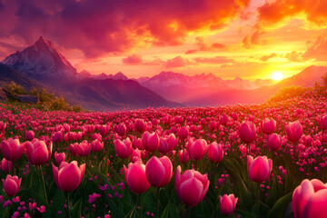 A field of pink tulips with mountains in the background