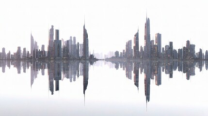 Fototapeta premium Urban Skyline Reflection over Water at Dusk in Modern Cityscape