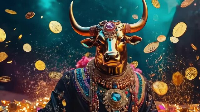Beautiful and powerful golden bull, symbol of wealth and prosperity, golden bull idol, golden bull in golden treasury, religious worship of golden calf