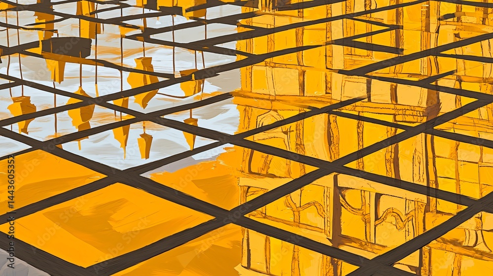 Poster eye-catching yellow and black abstract pattern with golden reflections creating a unique and moody v