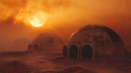 Obraz premium Futuristic Mars habitation with domes and glowing lights on desert terrain image