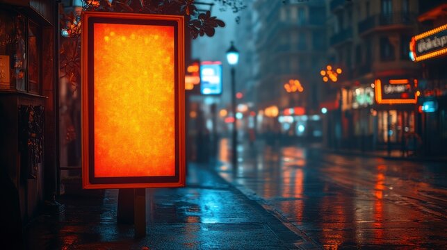 Rainy night city street advertising display
