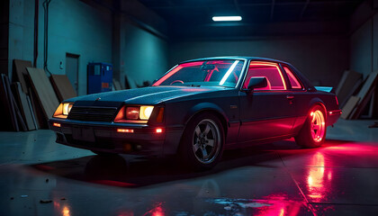 A vintage coupe in a garage is highlighted by neon lighting, creating a stunning visual