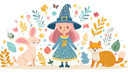 Obraz premium whimsical Ostara witchy style cute cartoon illustration Ostara cartoon pastel happiness mood; for book cover, quote, calendar