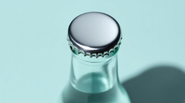 Glass bottle neck with metal cap close-up. Light blue background