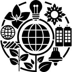 Sustainable technology icons; global ecology, plant growth, and eco-friendly solutions website design