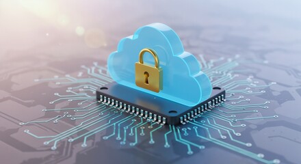 A conceptual representation of secure cloud computing using technology integration with hardware and locks, symbolizing data protection, system reliability, and modern secure data transfer mechanisms.