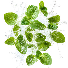 Fresh green herbs being splashed with water, showcasing their vibrant color and freshness against a white background