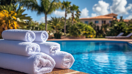 Obraz premium A vibrant image of neatly arranged poolside towels with a scenic villa and palm trees in the background, suggesting relaxation