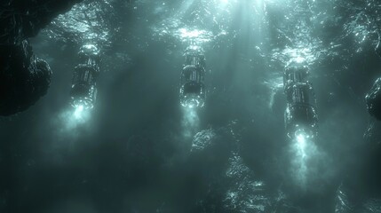 Obraz premium Mysterious cave with a bright light emerging from within, set against a radiant orbital space elevator environment