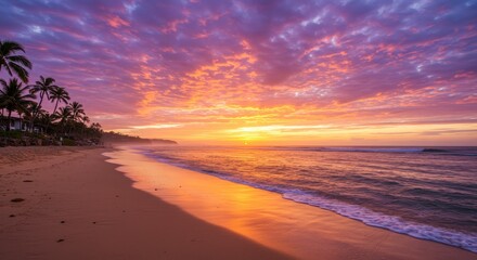 Tropical Sunset Beach Scene - Stunning sunset over a tropical beach with palm trees, golden sand, and gentle waves. Perfect for travel, vacation, or relaxation themes