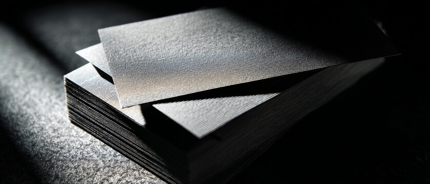 Stack of textured black business cards in a close up shot emphasizing a professional and refined visual identity.