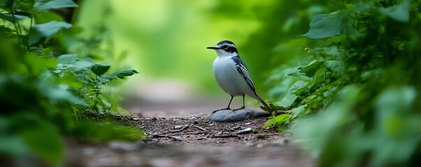 Bird perches upon a rock in a lush green forest