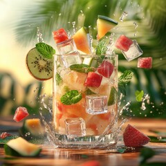 Christmas decorations with champagne, strawberries, and other fresh fruits and drinks