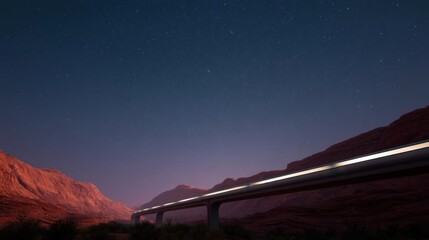 Landscape photograph of a long, straight road in the middle of a desert-like landscape. the sky is filled with stars, and the horizon is visible in the background.