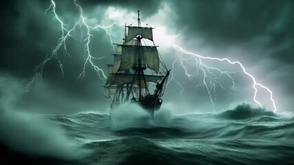 A large ship is sailing in the ocean with a storm in the background