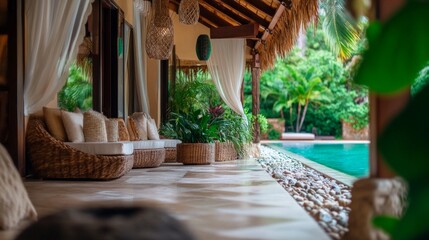 Relaxing patio scene with wicker furniture, tropical plants, and a pool in the background.