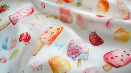 Watercolor Ice Cream and Strawberry Fabric Texture