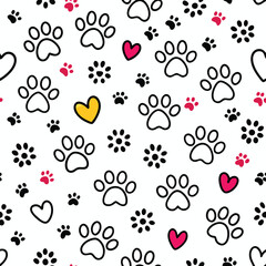 Fototapeta premium Cute Paw Prints and Hearts Pattern