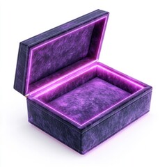 Glowing Purple Velvet Box, Open Empty Luxury Gift Case, 3D Render