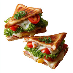 Toasted sandwich halves with melted cheese ham fresh lettuce and tomato served between golden-brown grilled bread slices isolated on transparent background. isolated white background