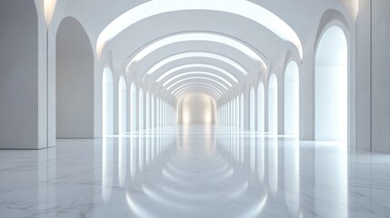 Obraz premium Elegant White Marble Hallway with Archways and Soft Lighting