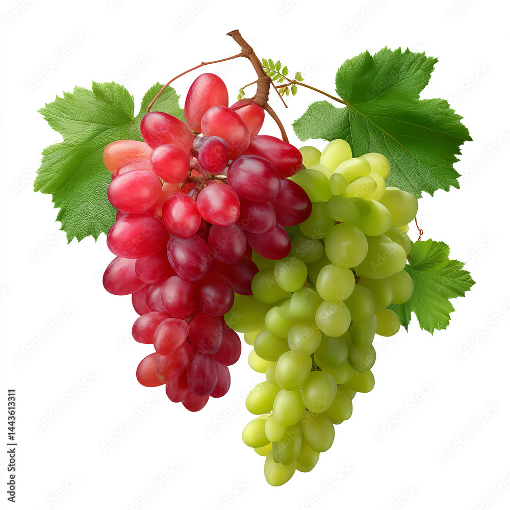 Wall mural red and green grape clusters with leaves isolated on transparent background. isolated white backgrou