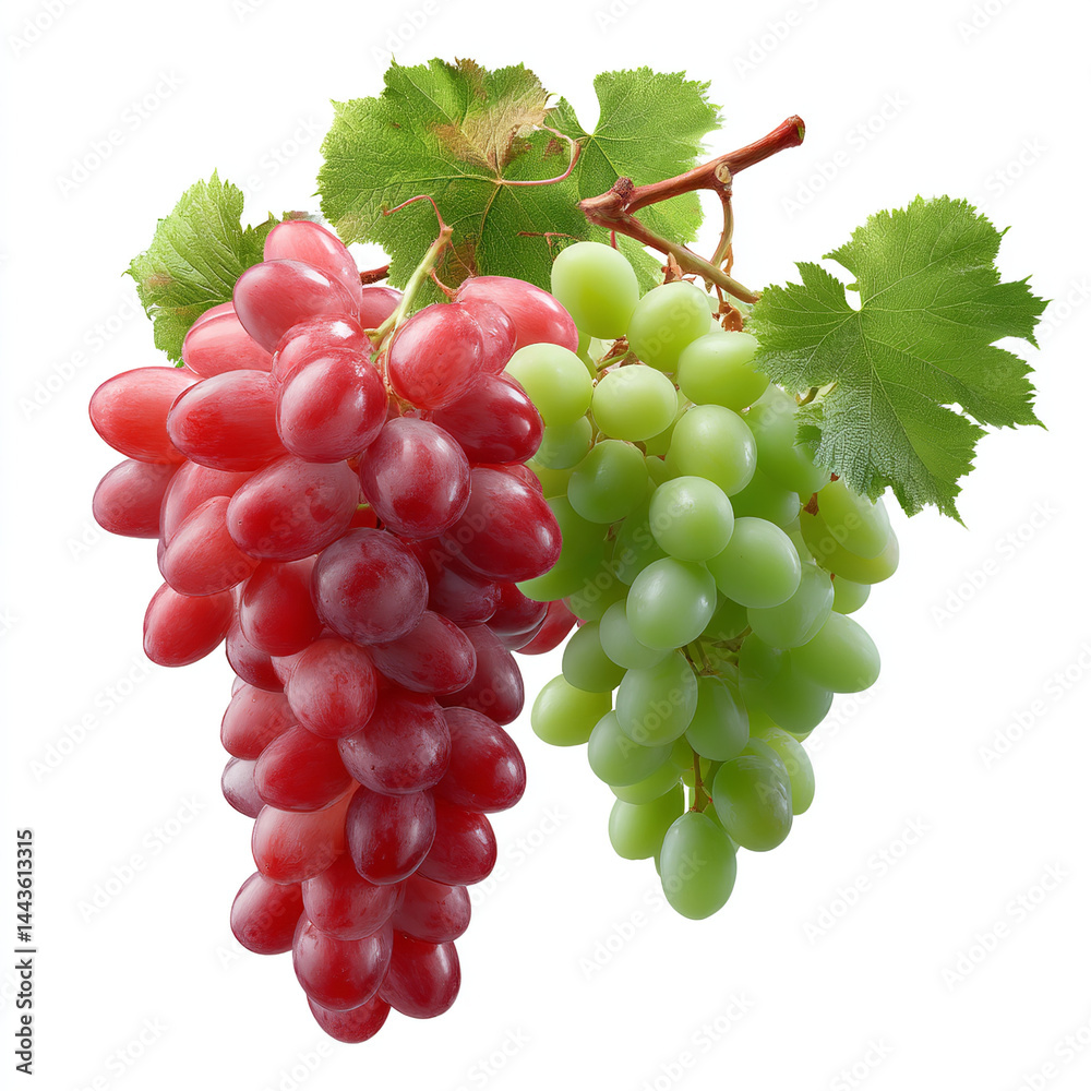 Wall mural red and green grape clusters with leaves isolated on transparent background. isolated white backgrou