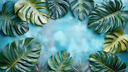 Naklejka premium Tropical Monstera Leaves Green Teal Background Summer Nature Design Bright Lush Foliage Exotic Plants Photography Vibrant Greenery Floral Arrangement 