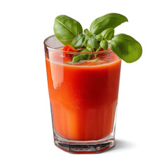 Glass of fresh tomato juice with basil garnish isolated on transparent background. isolated white background