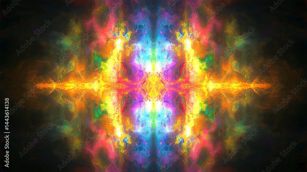 Poster colorful abstract background of symmetrical patterns with neon glow and handheld style creating a me
