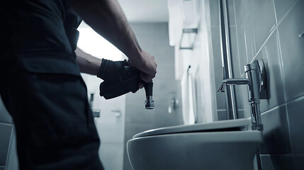 Plumber Fixing a Toilet in a Bathroom