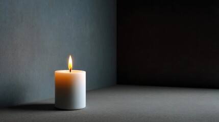 Single white candle on a grey surface. the candle is lit, with the flame burning brightly. the background is a dark grey wall, casting a shadow on the right side of the image.