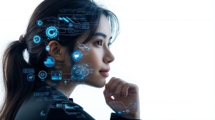 Innovating technology and human intelligence in a futuristic setting with digital overlays