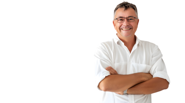 Professional Smiling Man Leaning on Wall at Office Isolated on White Background - Powered by Adobe