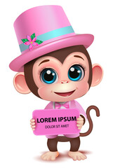 Cute monkey in a pink cylinder and a sign for your textb