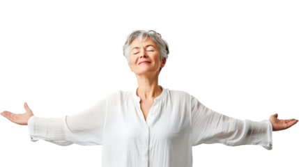Professional mature woman smiling with eyes closed in standing posture