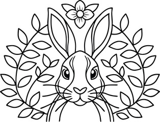 Rabbit With Flower And Leaf Wreath Outline For Coloring Or Decoration