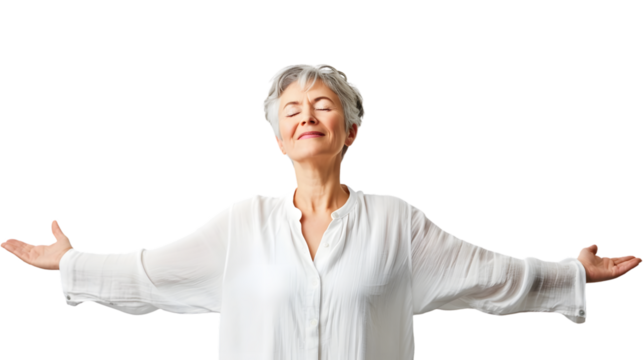 Professional mature woman smiling with eyes closed in standing posture