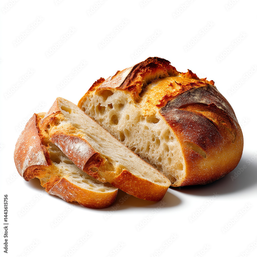 Wall mural rustic sourdough bread loaf with golden crispy crust and airy open crumb partially sliced perfect fo