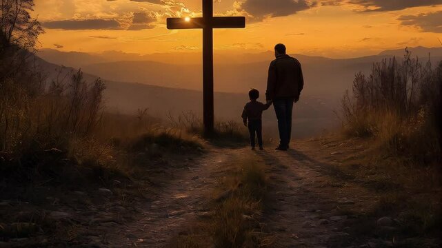 Father and son walking together towards a cross at sunset in a peaceful landscape reflecting Christian values