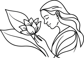 Elegant Woman Holding Lotus Flower Minimalist Line Art Black And White Design