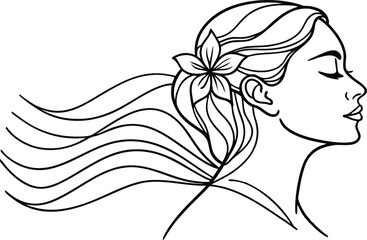 Line Art Portrait Of A Serene Woman With Flower In Hair Flowing Wind