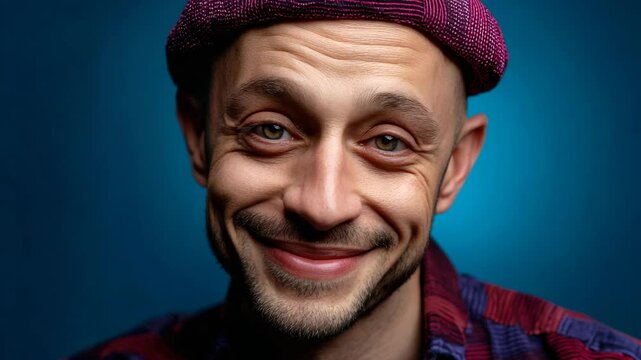 Close-up portrait of a happy man with a stubble beard wearing a patterned cap and shirt against a blue background