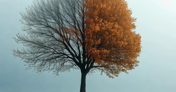 A lone tree stands tall, with one half bare and the other adorned with vibrant autumn leaves.