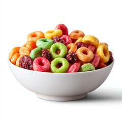 Colorful fruit flavored cereal rings in a white bowl sweet breakfast food isolated on transparent background. isolated white background
