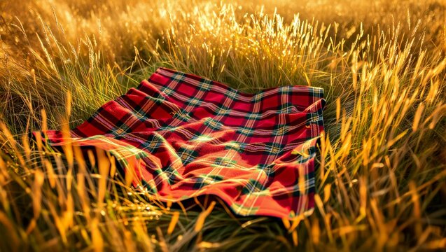 red green plaid blanket lying ground field tall grass blanket folded neatly appears soft fabric grass golden yellow color swaying wind background blurred seems sunny day sun shining through grass