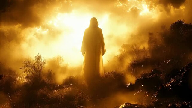 Depiction of Jesus Christ in a dramatic, ethereal landscape with celestial light and clouds