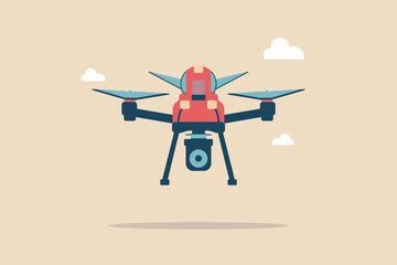 Flat Vector Drone Illustration with Camera in the Sky. Modern flat style drone vector with camera, flying in the sky, perfect for tech, delivery, or surveillance themes. eps10